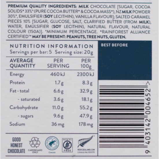 Whittaker's Marlborough Sea Salt and Caramel Brittle Milk Chocolate Block 100g